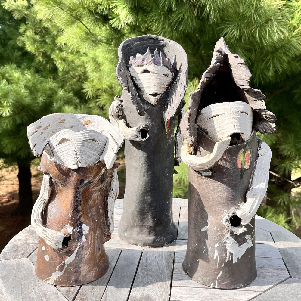Abstract Studio Pottery 3-Figures Brutalist Tribal Sculptures Folk Art ~16" Tall